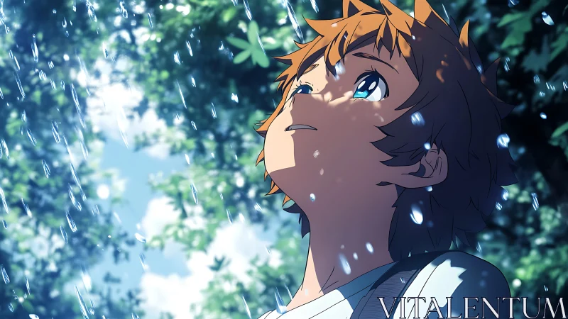 Anime forest portrait under rain with luminous bokeh focus.