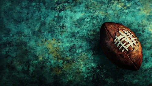 Textured digital painting of vintage football on teal field.