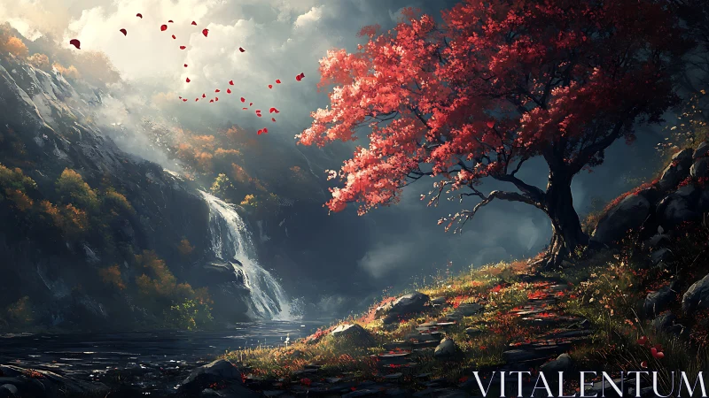 Crimson tree beside misty waterfall in dramatic valley.