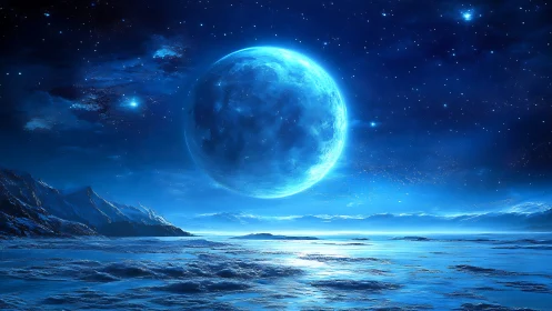 Moonlit ice world glowing under a quiet starlit sky.