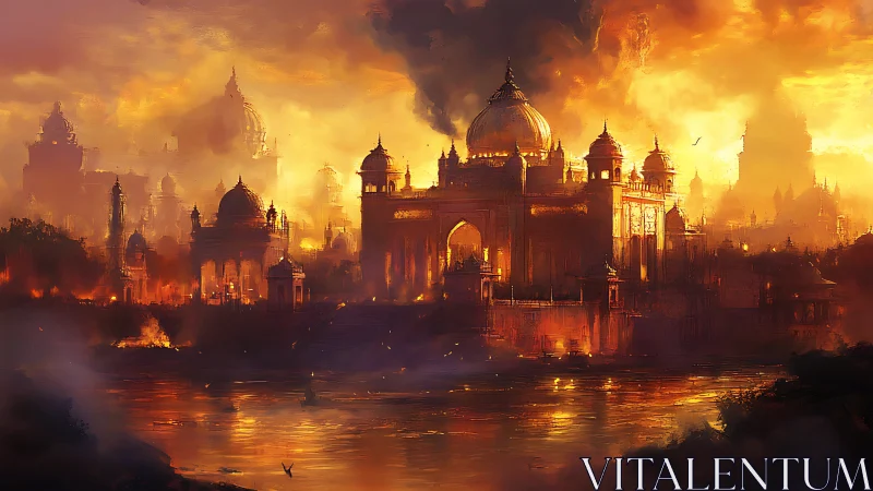Fiery fantasy palace city glowing under dramatic sunset sky.