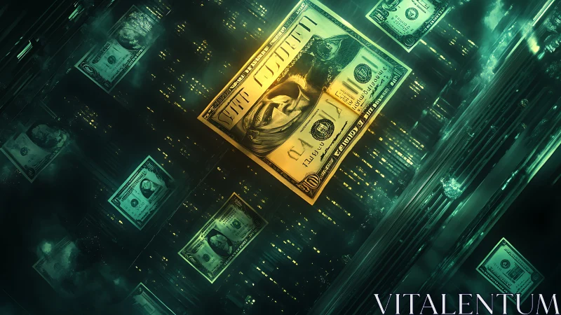 Digital tunnel of US dollar bills in green and gold light.