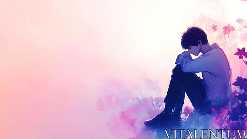 Solitary figure seated in pastel vapor, rim-lit by diffuse glow