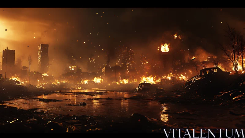 Skyline swallowed by inferno over flooded urban wasteland.