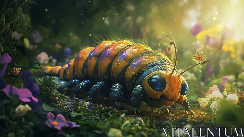 Luminescent forest caterpillar under dreamy sunrise glow.