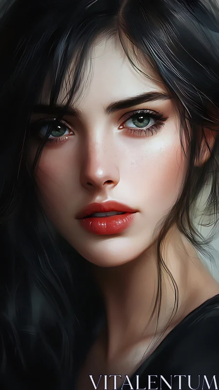 Digital close-up portrait of young woman with dark hair.