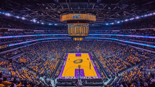 Electric arena glow over a roaring purple hardwood temple.