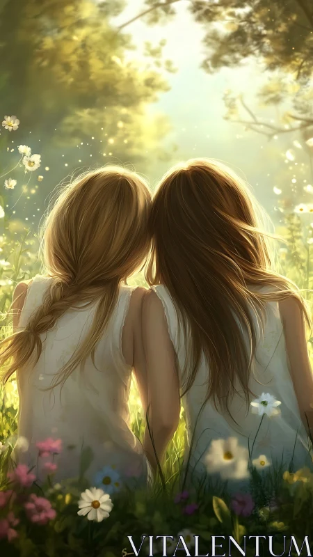 Sunlit Garden: Two Figures in Backlit Floral Composition.