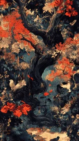 Autumn forest scene with gnarled tree and white birds.