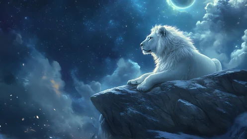 White lion on rocky ledge under starry nocturnal sky.