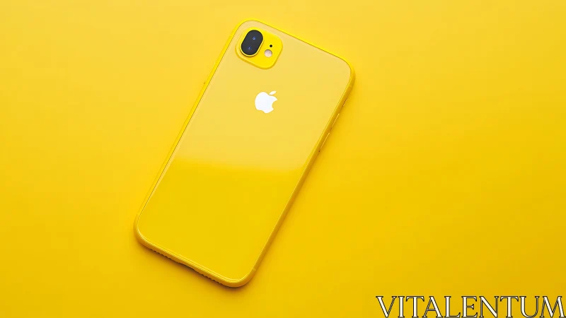 Yellow iPhone with dual camera system on monochromatic background.