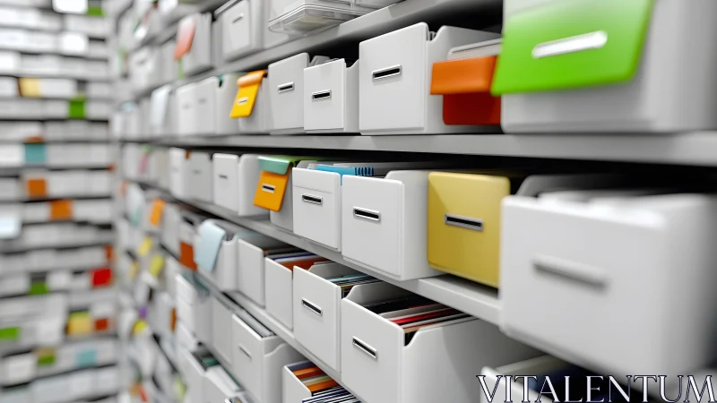 Organized archive shelves with colorful file drawers in focus.
