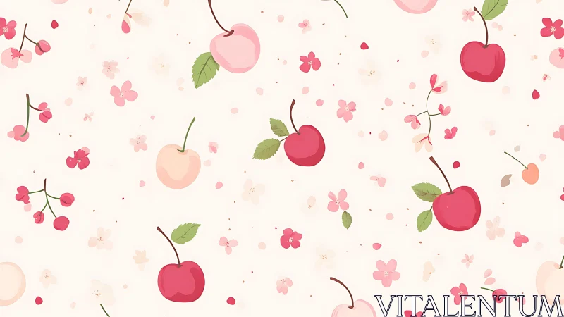 Cherry fruit and blossom motifs repeat on light background