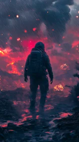 Lone wanderer strides through a burning stormlit wasteland