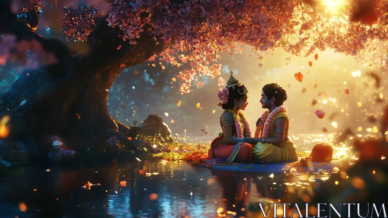 Two figures in water beneath flowering tree with particle effects.