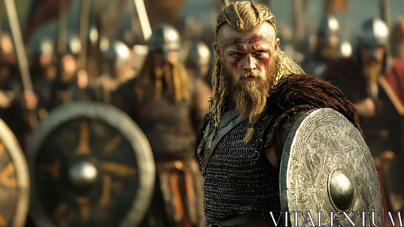 Viking warrior with shield leads armored fighters in battle