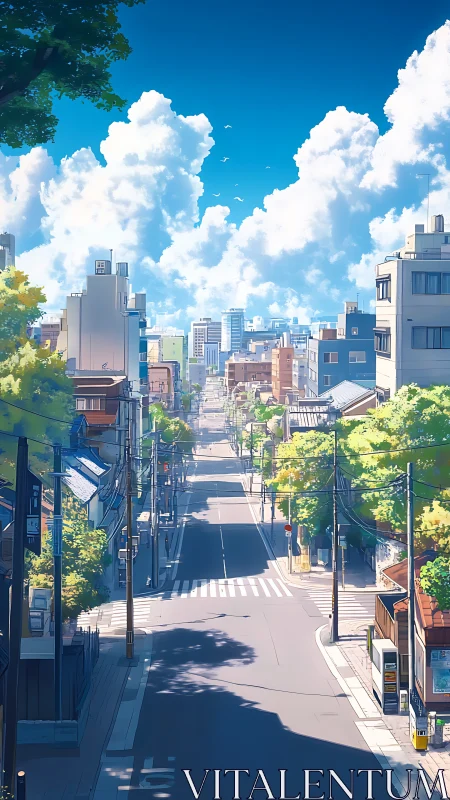 Urban street extends toward distant city skyline under clouds