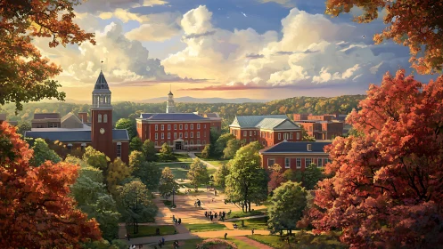 Rendered autumn campus scene shows red-brick academic quad