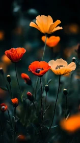 Vibrant Poppies Against Dark Garden Blur.