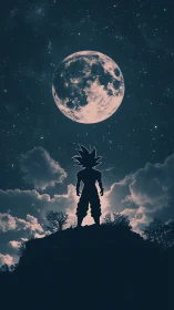 Silhouetted spiky-haired warrior stands under full moon.