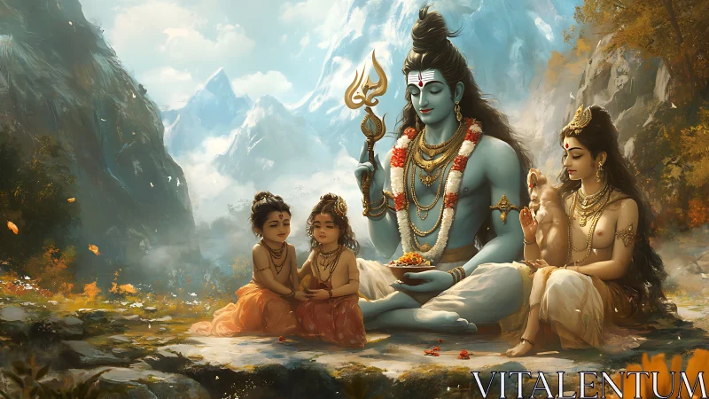 Hindu divine family seated in detailed mountain landscape