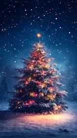 Snow covered outdoor Christmas tree glows with colorful lights