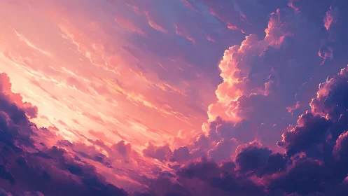 Glowing sunset clouds painted in soft pinks and purples.