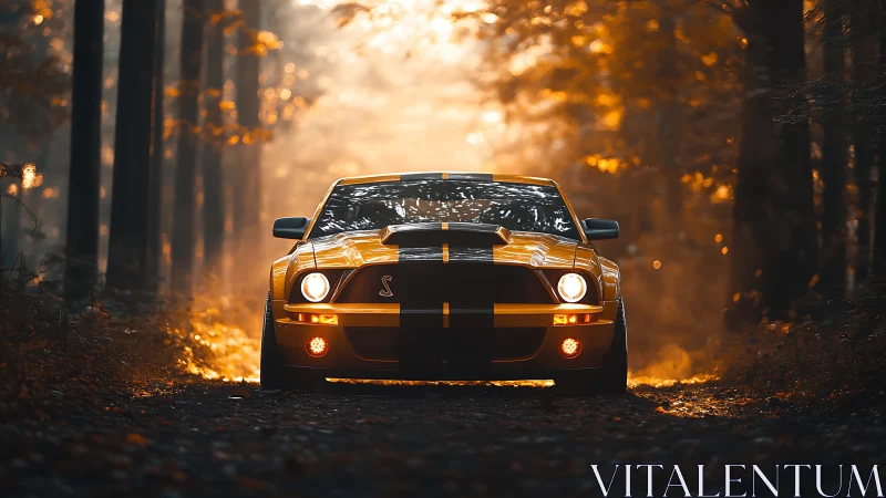 Golden muscle car pausing in a quiet, glowing forest road.