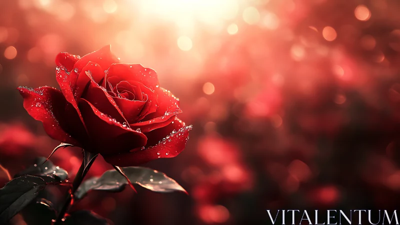 Crimson Rose Kissed by Dewdrops in Soft Light.