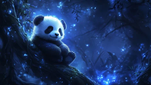Nocturnal baby panda resting in luminous blue forest glow.