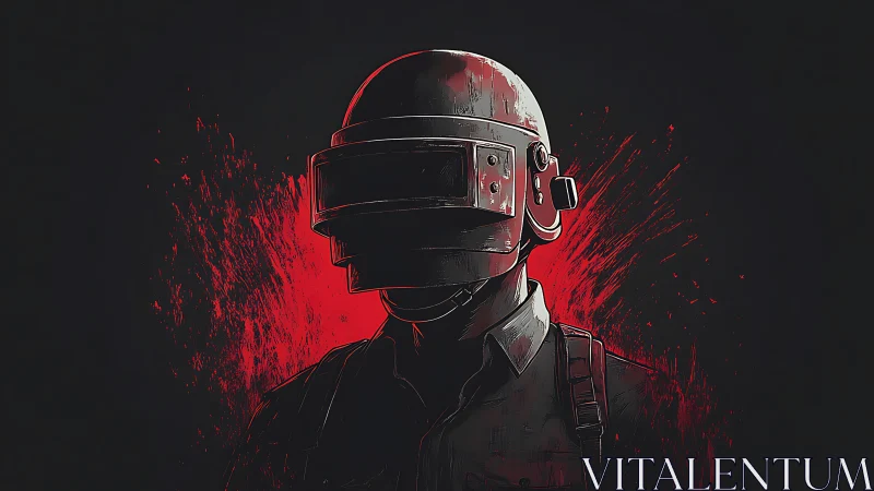 Armored tactical figure isolated by red splatter backlight silhouette