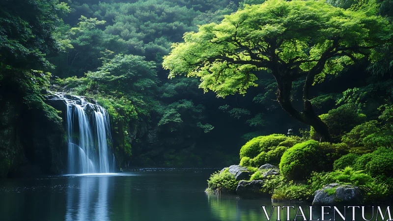 Hydrologic cascade beside luminous riparian canopy in forest.