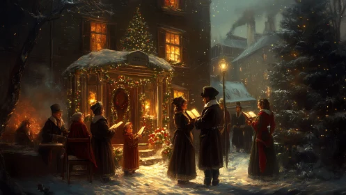 Victorian carolers in lamplit snow before glowing townhouse.