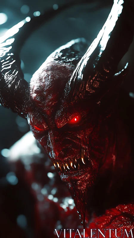 Infernal horned demon rendered in cinematic red light.