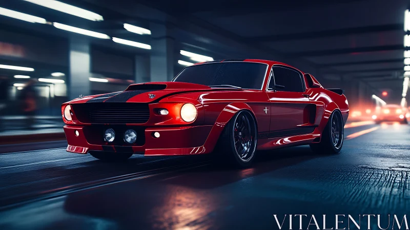 Classic red muscle car accelerates through neon tunnel at speed