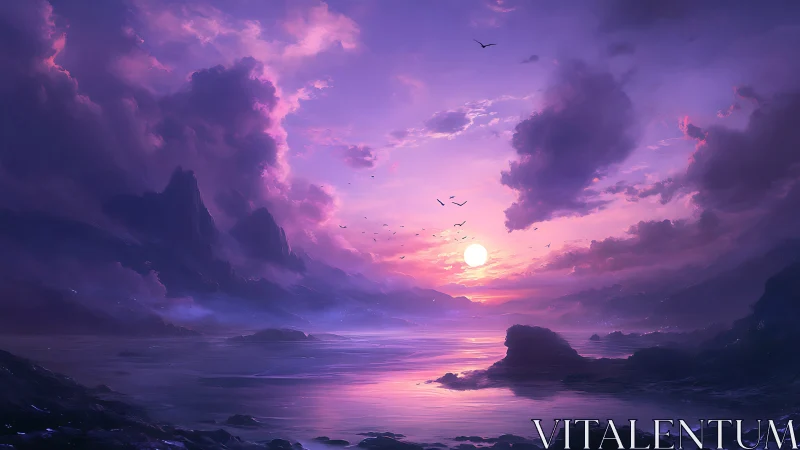 Violet coastal sunset with volumetric clouds and reflective misty sea