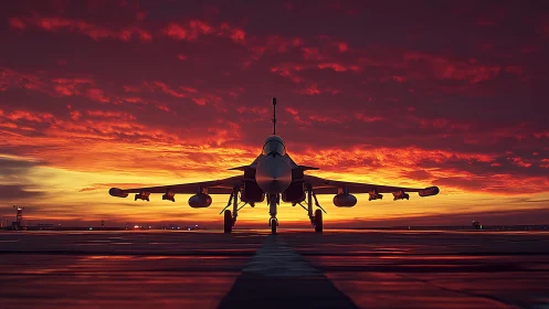 Runway predator waits, silhouetted against molten sunset clouds