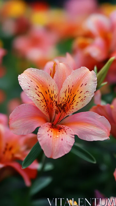 Pink Alstroemeria Bloom With Water Droplets in Garden Setting.