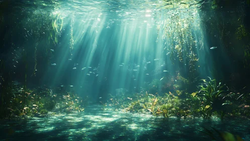 Sunbeams drift gently through a tranquil underwater garden
