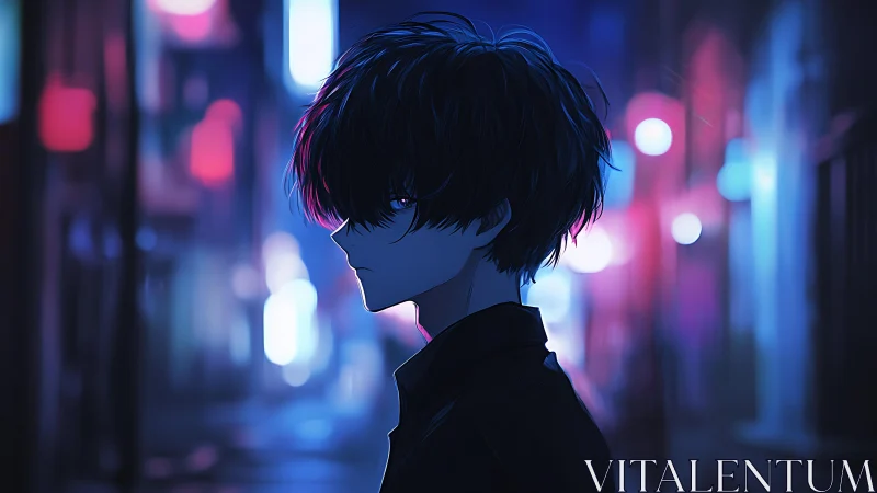 Brooding figure in neon alleyway, side-lit in cool tones.