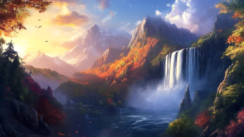 Autumnal mountain basin with luminous waterfalls and citadel.