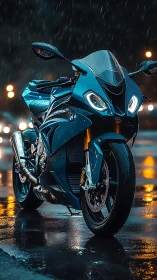 Photorealistic sport bike in cinematic night rain composition.