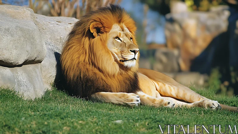 Golden-maned lion rests calmly in warm afternoon light
