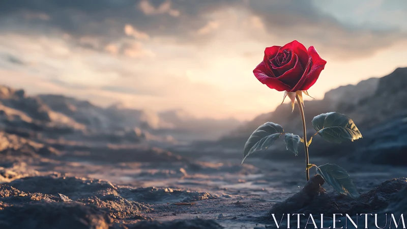 Single red rose on barren rocky ground at soft sunrise.