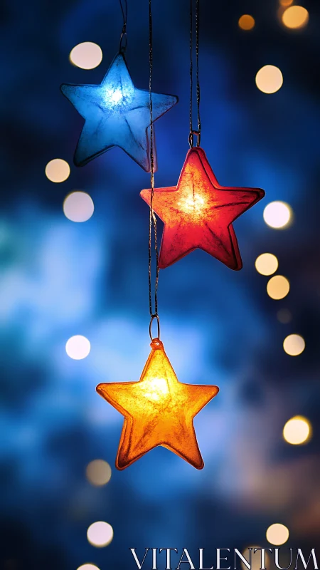 Glowing star lanterns hang against deep blue bokeh night.