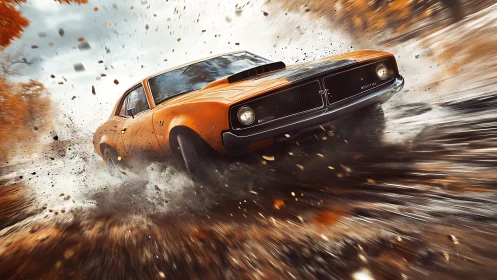 Muscle car executes high-speed dirt drift with dynamic motion blur