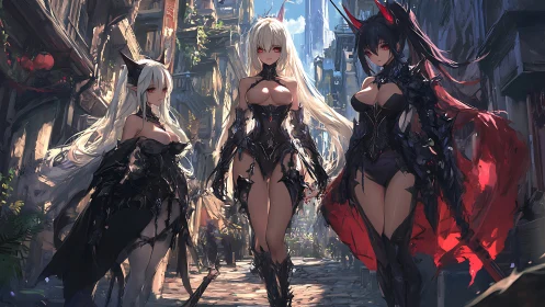 Triad of demonic anime warriors in jagged black armor stride forward