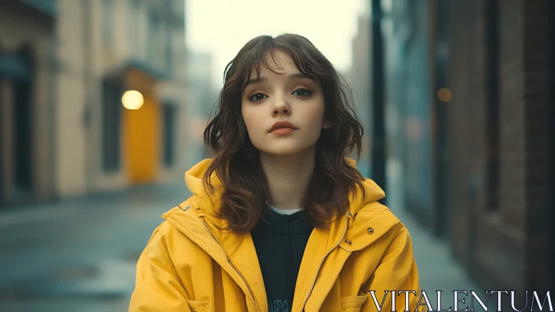Cinematic street portrait of young woman in yellow rain jacket