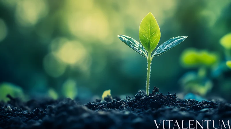 Young green seedling emerging from soil in soft light.