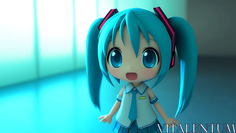 Bright-eyed chibi girl glowing in soft teal light.